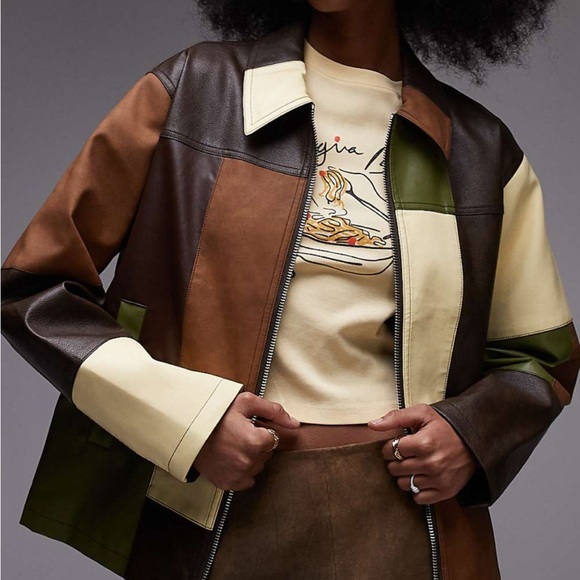 Topshop Contrast Panel Faux Leather Jacket in Multi - Picture 2 of 3